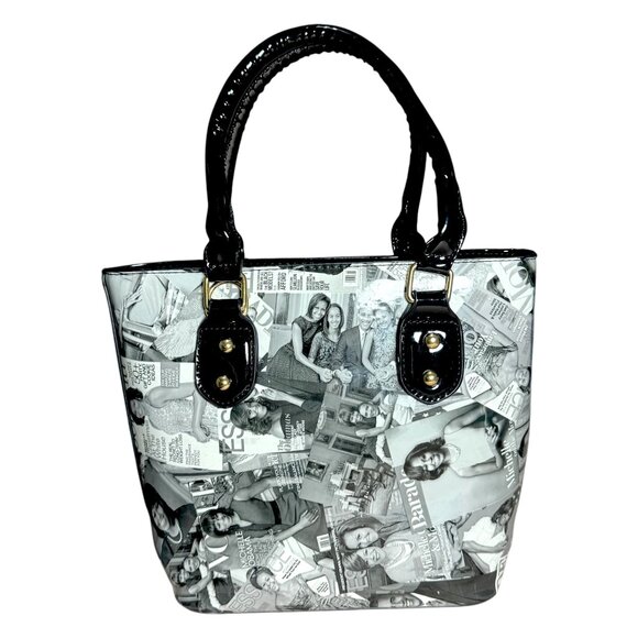 Michelle Obama Magazine Collage Handbag Purse Black Patent Handles Gold Accents - Picture 2 of 8